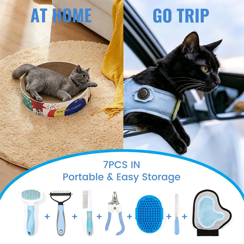 Pet Grooming Kit, 7 Piece Set with Dog Shedding Brush,Dematting Comb, Nail Clipper, Nail File, Flea Comb, Bath Brush and Grooming Glove for Dogs and Cats Blue