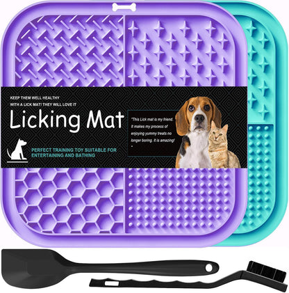 Licking Mat for Dogs & Cats 2 Pack, Slow Feeder Lick Pat, Anxiety Relief Dog Toys Feeding Mat for Butter Yogurt Peanut, Pets Supplies Bathing Grooming Training Calming Mat (Cyan&Purple)