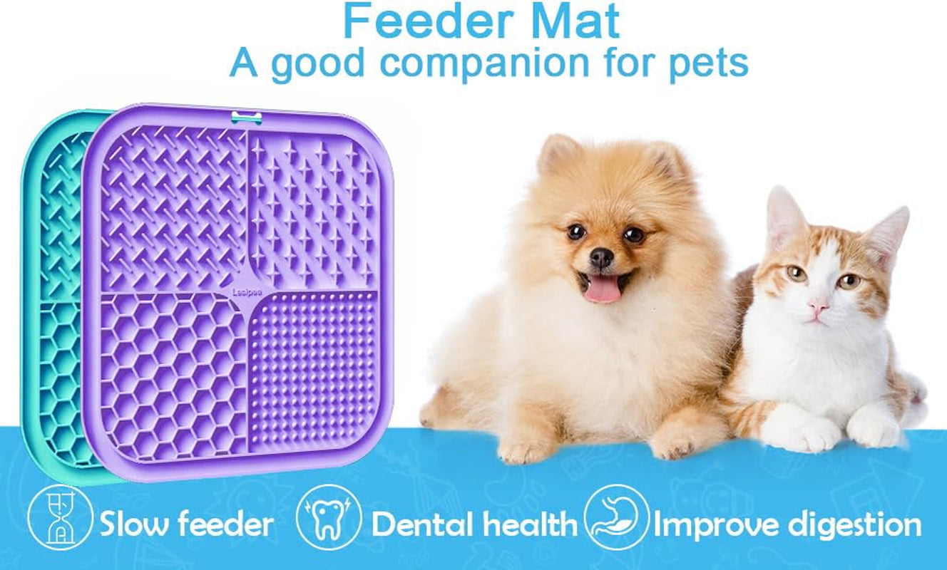 Licking Mat for Dogs & Cats 2 Pack, Slow Feeder Lick Pat, Anxiety Relief Dog Toys Feeding Mat for Butter Yogurt Peanut, Pets Supplies Bathing Grooming Training Calming Mat (Cyan&Purple)