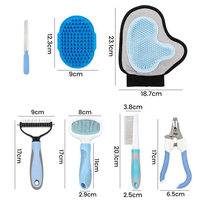 Pet Grooming Kit, 7 Piece Set with Dog Shedding Brush,Dematting Comb, Nail Clipper, Nail File, Flea Comb, Bath Brush and Grooming Glove for Dogs and Cats Blue