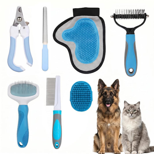 Pet Grooming Kit, 7 Piece Set with Dog Shedding Brush,Dematting Comb, Nail Clipper, Nail File, Flea Comb, Bath Brush and Grooming Glove for Dogs and Cats Blue