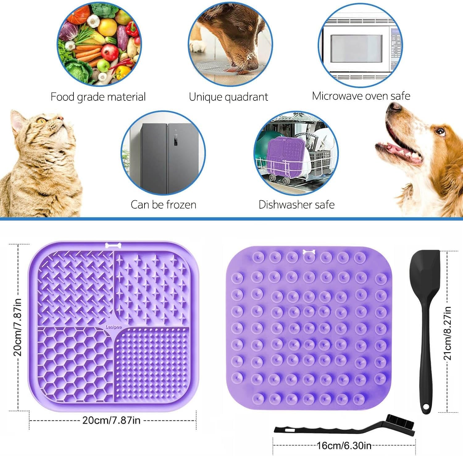 Licking Mat for Dogs & Cats 2 Pack, Slow Feeder Lick Pat, Anxiety Relief Dog Toys Feeding Mat for Butter Yogurt Peanut, Pets Supplies Bathing Grooming Training Calming Mat (Cyan&Purple)