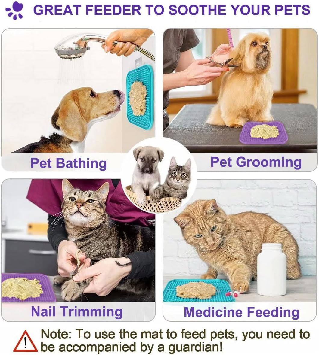 Licking Mat for Dogs & Cats 2 Pack, Slow Feeder Lick Pat, Anxiety Relief Dog Toys Feeding Mat for Butter Yogurt Peanut, Pets Supplies Bathing Grooming Training Calming Mat (Cyan&Purple)
